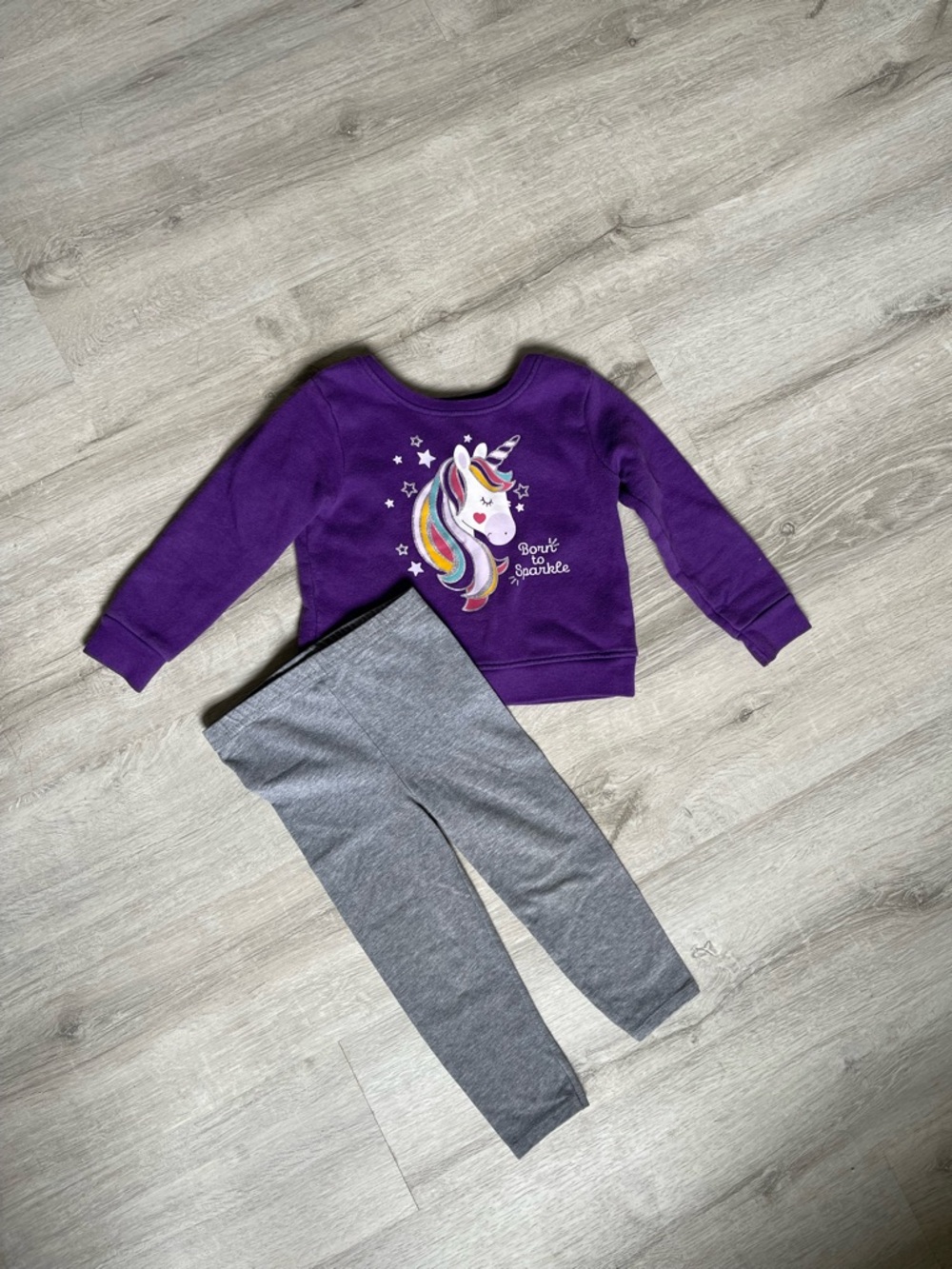 Kids Purple Unicorn Sweatshirt & Gray Leggings Matching Set